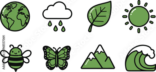 Eco friendly nature icons set, green environment symbols collection with earth globe and sun, sustainable ecology vector elements for web design isolated PNG with Transparent Background