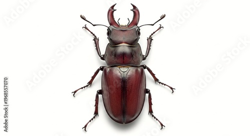A large, dark red beetle with distinctive horns on a white background