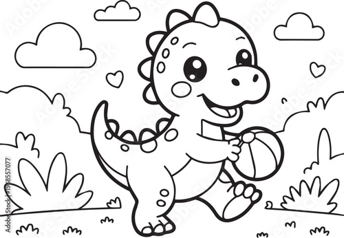 Cute cartoon baby dinosaur playing with a ball in a grassy field, cheerful prehistoric animal coloring book page