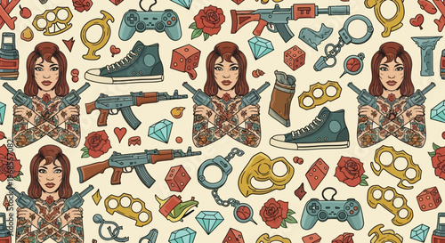 Edgy Seamless Pattern with Tattooed Woman Holding Guns, Urban Street Style Icons, Weapons, Roses, and Gaming Gear in Retro Comic Art Illustration
