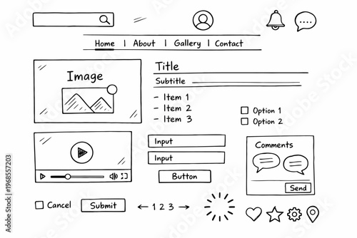Hand-drawn webpage wireframe with icons and navigation elements