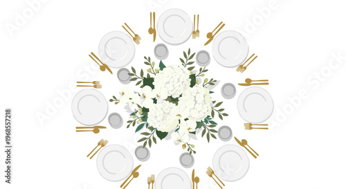 A circular table setting for eight with white plates and gold cutlery surrounds a central bouquet of white hydrangeas and orchids.