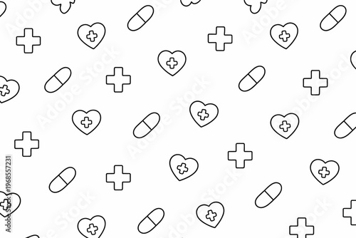 Healthcare pattern: crosses, hearts, and pills on white background
