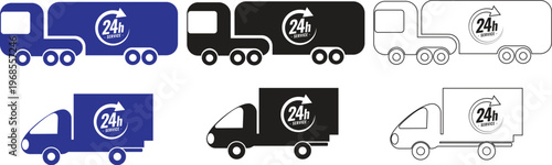 Delivery Truck Icon Set 24h Logistics Transport Van Cargo Shipping Service Silhouette and Outline Vector