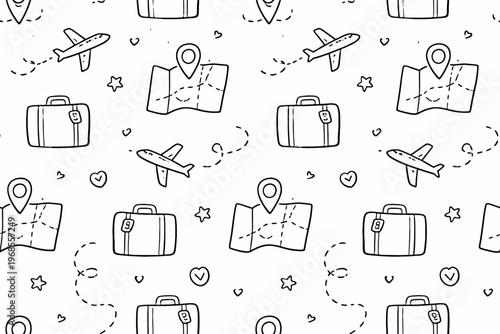 Seamless travel pattern with airplanes, maps, and luggage icons