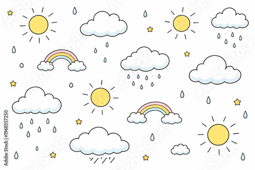 Colorful weather pattern with sun, clouds, raindrops, and rainbows