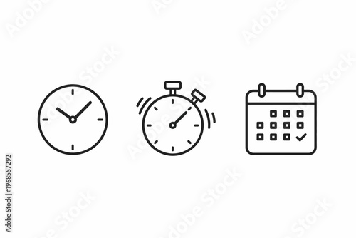 Minimalist icons of clock, stopwatch, and calendar on white background