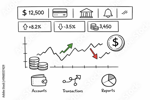 Financial dashboard with graphs and icons for expenses and transactions management