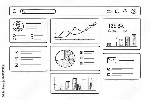 Monochrome dashboard interface with charts and graphs for analytics and statistics