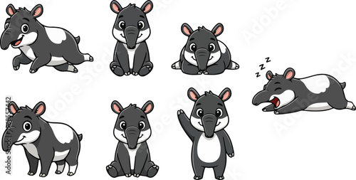 vector illustration of tapir funny cute cartoon mascot character cartoon with 7 poses