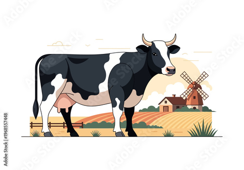 Flat Vector Illustration of a Black and White Holstein Cow Standing on a Rural Farm Landscape with a Windmill and Fields