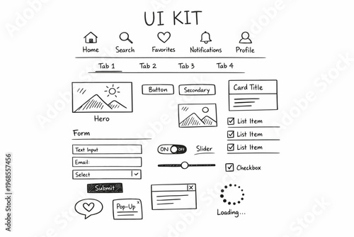 Hand-drawn ui kit sketch with icons and interface elements