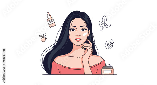 A woman with long dark hair and an off-shoulder top applies face cream to her cheek, surrounded by various skincare items.