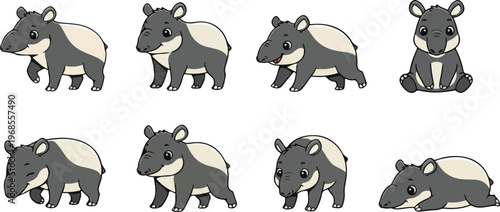 vector illustration of tapir funny cute cartoon mascot character cartoon with 8 poses