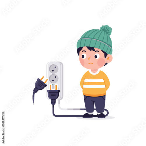 little boy looking at electrical power strip and plugs, child safety blogs, home accident prevention websites, parenting education posters, electrical security infographics, with copy space