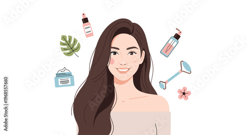 A smiling woman with long brown hair and bare shoulders is surrounded by various skincare products and a jade roller.