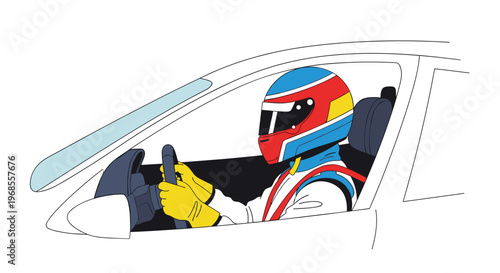 An illustrated race car driver in a colorful helmet and white suit holds the steering wheel inside a white car against a plain background.