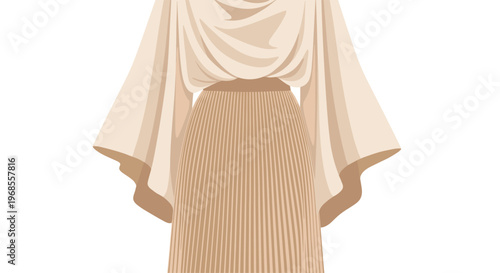 An illustrated beige dress with a draped top and a pleated midi skirt is displayed against a plain white background.