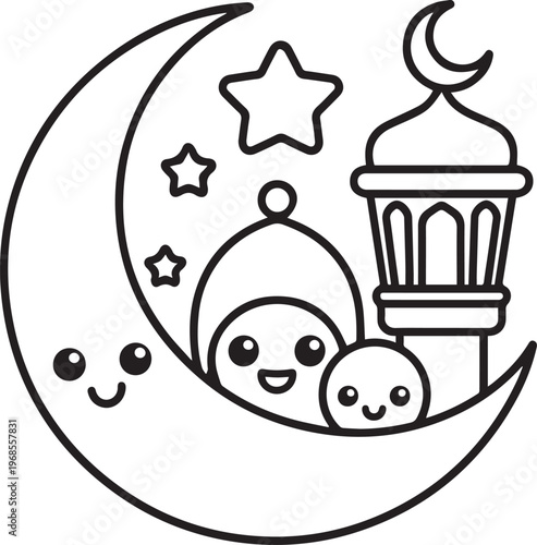 Cute cartoon crescent moon and stars with mosque lantern and happy Muslim characters vector line art illustration