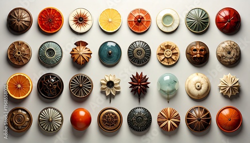 A grid showcasing diverse circular objects; many feature intricate textures and colors, from natural patterns to abstract designs