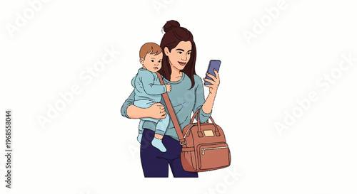 Vector flat design illustration of a mother with baby on hip checking smartphone while carrying a diaper bag