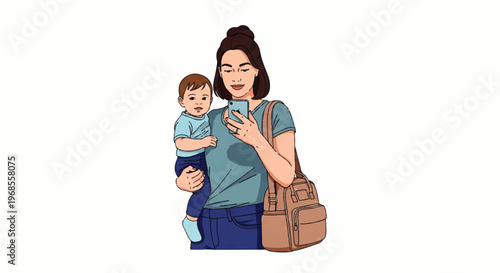 Vector flat design illustration of a mother holding her baby and checking her smartphone with a bag over her shoulder