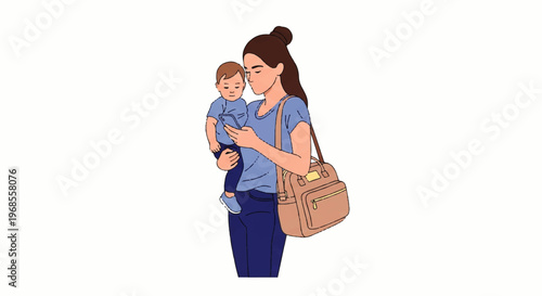 Vector Flat Design Illustration of a mother holding her baby with a diaper bag, conveying warmth and care