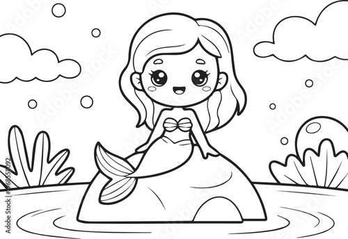 Cute cartoon mermaid sitting on rock in ocean, with clouds, bubbles, and underwater plants, perfect for coloring pages
