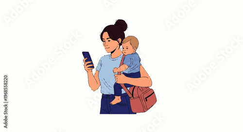 Vector flat design illustration of a mother holding her baby and looking at her smartphone with a bag over her shoulder