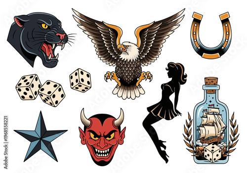 American Traditional Tattoo Flash Set - Vintage Old School Vector Illustration Collection with Panther, Eagle, Devil, and Nautical Icons