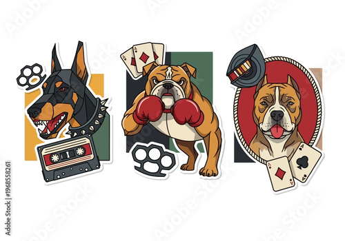 Urban Street Style Dog Mascots Sticker Set Featuring Doberman, Bulldog and Pitbull with Boxing Gloves, Brass Knuckles and Playing Cards