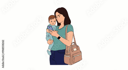 Vector flat design illustration of a mother holding her baby while checking her smartphone, carrying a diaper bag