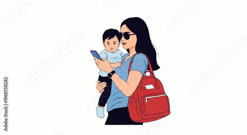 Vector flat design illustration of a mother holding her baby and checking her smartphone while carrying a red backpack
