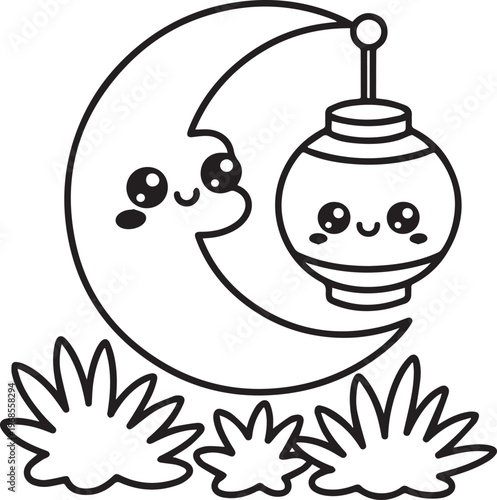 Cute cartoon moon with lantern and bushes, simple line art, Kawaii style, night scene, vector illustration