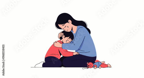 Vector Flat Design Illustration of a caring mother comforting her sad child with a gentle hug, showing love and support