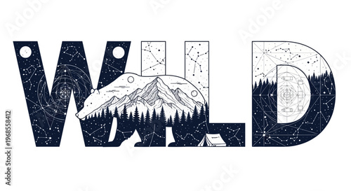 Wild Bear Mountain Adventure Illustration - Double Exposure Graphic for T-Shirt and Apparel Design with Night Sky and Constellations