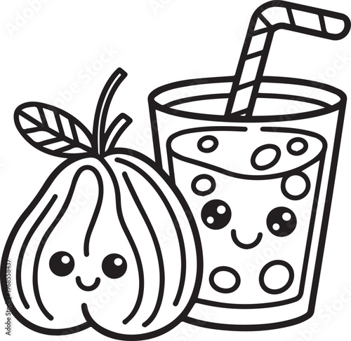 Cute cartoon rose apple fruit and glass of juice with straw, Kawaii style, food illustration, vector art
