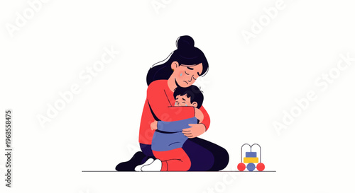 Vector flat design illustration of a mother tenderly hugging her child with love and care, conveying warmth and family