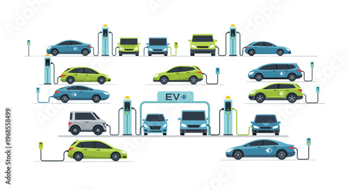 An illustrated array of electric vehicles of various models and colors are charging at multiple stations against a white background.