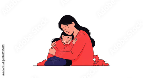 Vector flat design illustration of a mother comforting her sad child with a gentle hug, showing empathy and care