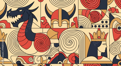 Medieval Folklore Fantasy Illustration with Dragon, Viking Helmet, and Queen in Stylized Geometric Vector Art Style