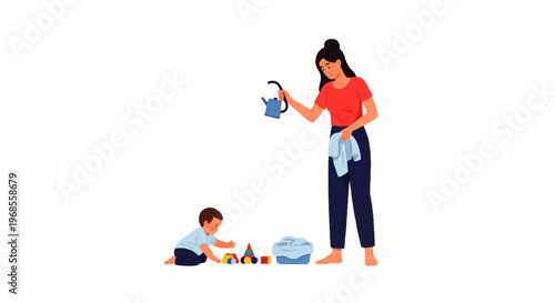 Vector flat design illustration of a mother watering plants while her child plays with toys, depicting a peaceful home