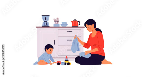 Vector flat design illustration of a mother cleaning with a child playing with toys in a kitchen setting