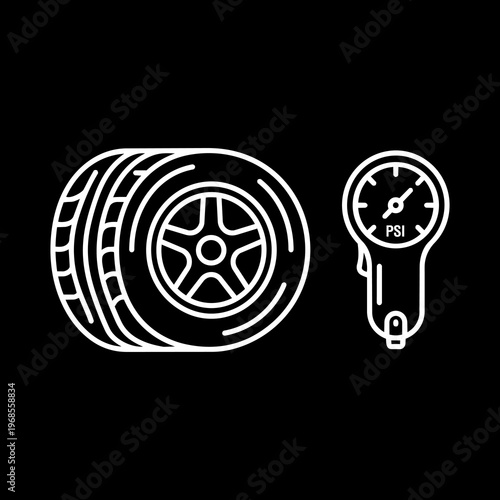 White Line Art Handheld Analog Tire Pressure Dial Gauge and Tires Vector Icon 