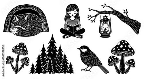 Forest Folklore Linocut Illustration Set with Sleeping Fox, Girl Reading, and Amanita Mushrooms