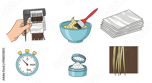 Six hair coloring tools and steps, including a comb with foil, dye, stopwatch, and highlighted hair, are arranged on a white background.