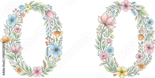 Two delicate hand-drawn watercolor style floral wreaths featuring a variety of pastel-colored flowers and green leaves, perfect for invitations or decorative elements.