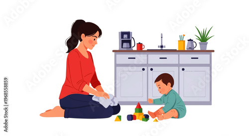 Vector flat design illustration of a mother and baby playing with colorful blocks in a modern kitchen setting