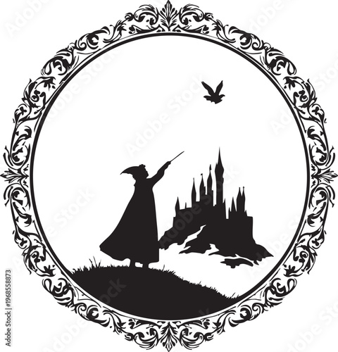 Magical silhouette of wizard releasing birds from wand with castle in background within ornate circular frame