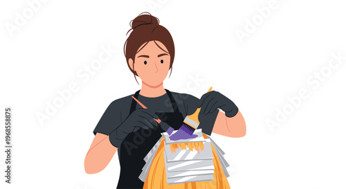 A female stylist is applying purple hair dye to blonde hair sections wrapped in foil with a brush.